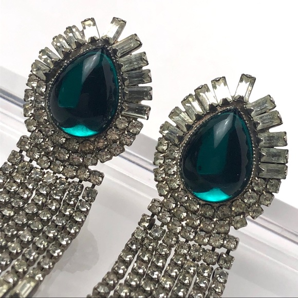 VTG GREEN CABOCHON RHINESTONE DROP EARRINGS - Picture 11 of 12